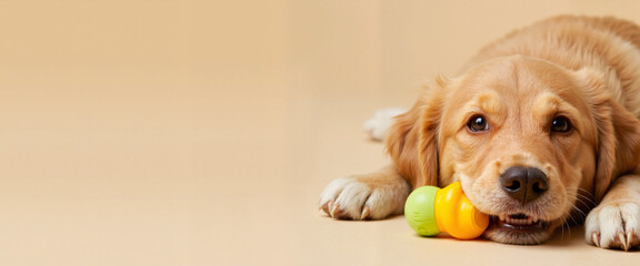 Puppy with chew toys resting on beige background