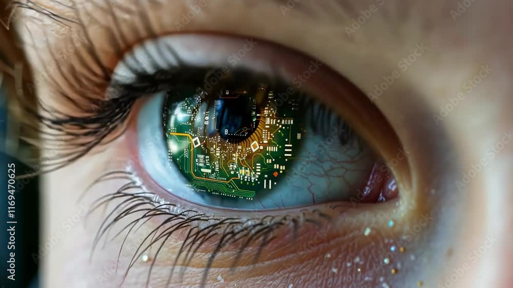 Leinwandbilder a close-up view of a human eye showcasing intricate circuits and technology reflected in the iris.