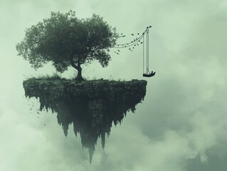 Solitary Swing over Misty Isles: A Surreal Landscape