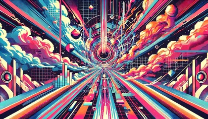 Pixelated retro digital art with bold colors and glitch effects generated through AI for modern banner visuals