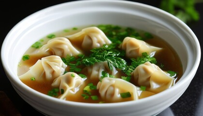 Delicious Maultaschen Dumplings in Broth with Fresh Herbs and Green Onion Garnish