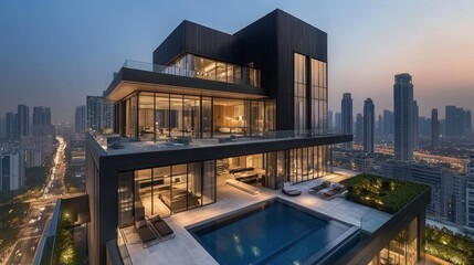 Obraz premium Opulent Penthouse: Cityscape Views & Modern Luxury