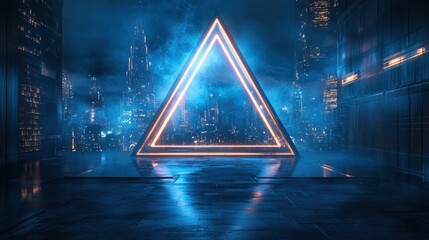 Neon Triangle in a Futuristic City: A glowing neon triangle stands tall, bathed in a mesmerizing blue light, overlooking a futuristic cityscape shrouded in fog.