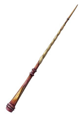 Magical wand, fantasy design, wooden texture, spiral details, artistic illustration, enchanting prop, wizard accessory.