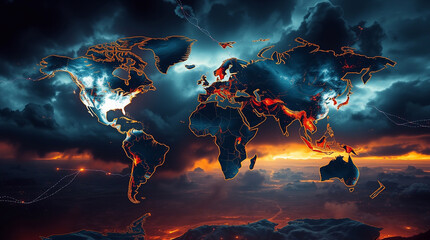 Fototapeta premium A futuristic sci-fi style World Map grunge art piece depicting intense dramatic weather, stormy skies, and high tension