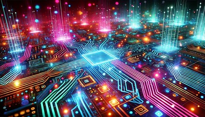 Obraz premium Glowing digital circuits in bright neon colors on a dark futuristic backdrop designed with generative AI for banners