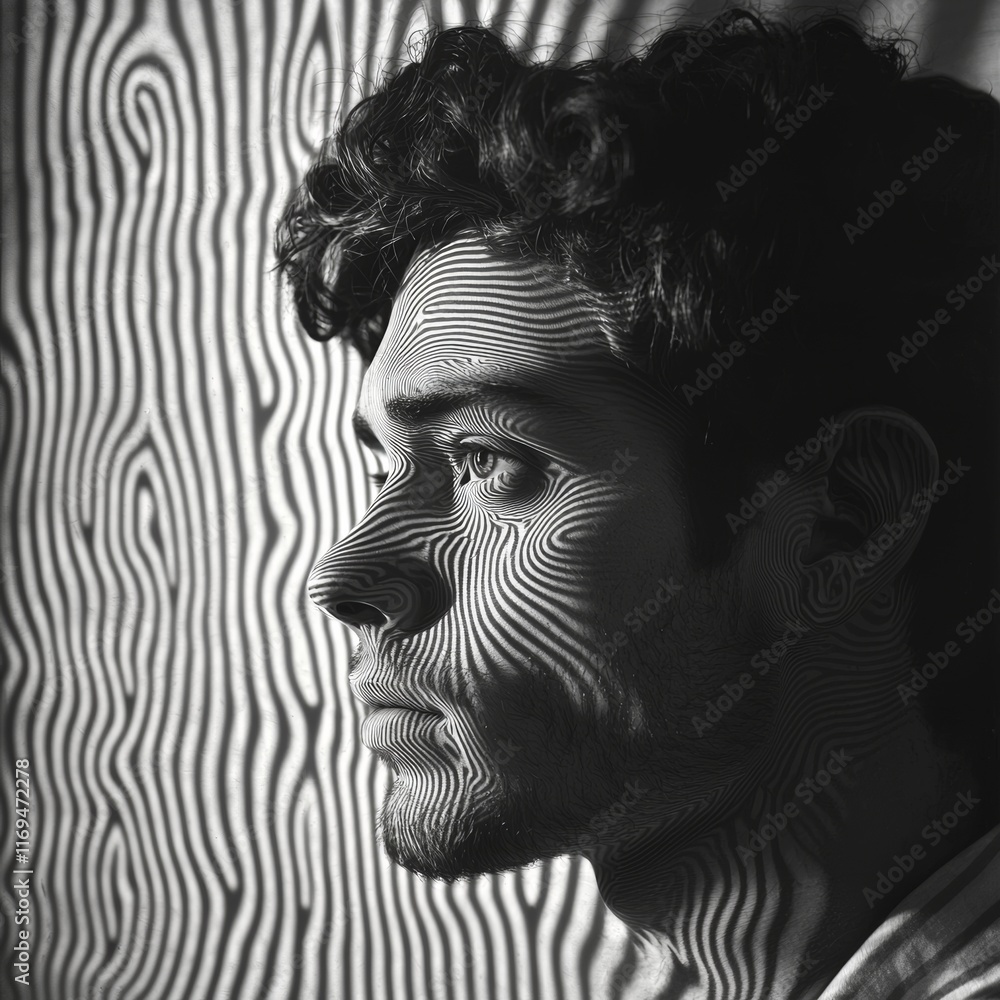 Aufkleber profile view of a man with optical striped light pattern effect