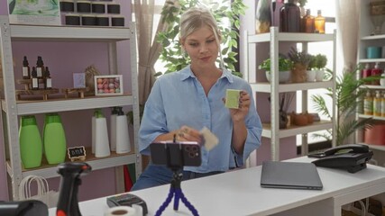 Woman presenting various skincare products in a store decorated with shelves filled with bottles and plants, including handmade soaps and essential oils, while recording a video on her smartphone.