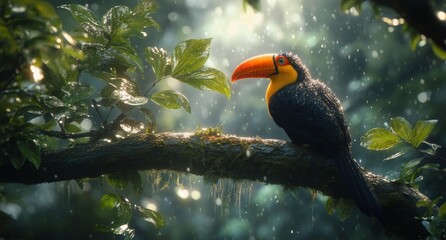 Obraz premium Vibrant toucan perched on a branch surrounded by lush rainforest foliage and droplets of rain