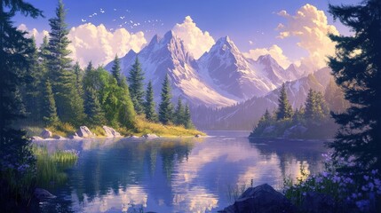 Majestic mountains reflecting in a tranquil lake surrounded by pines