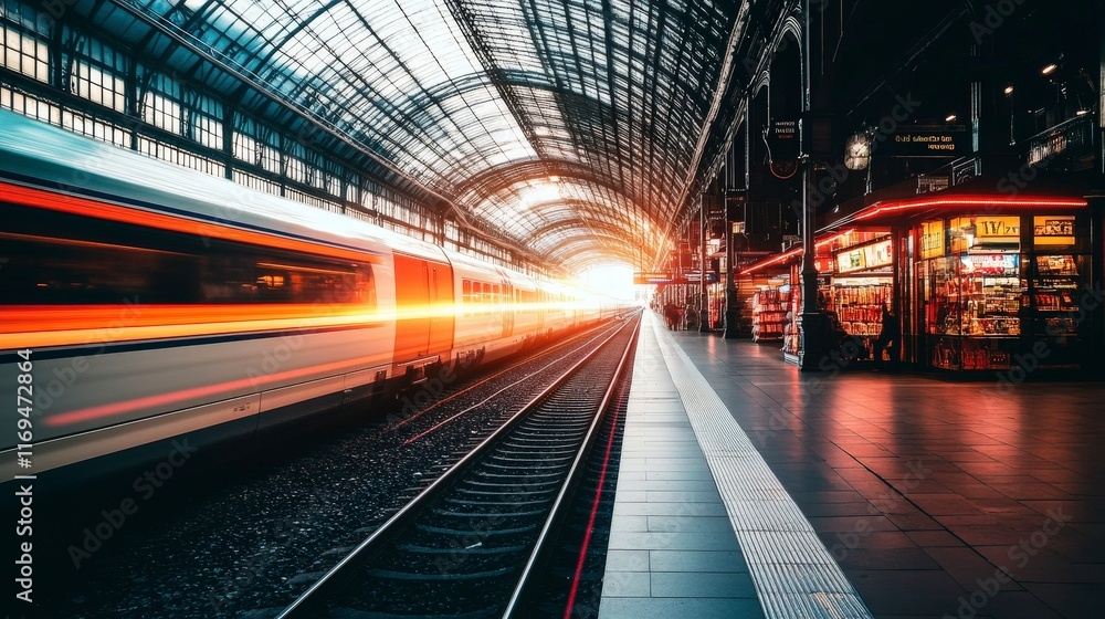 Poster train station at sunset with motion blur and modern architecture
