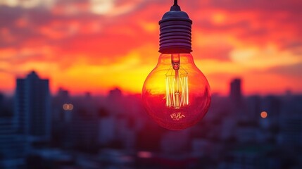 Glowing lightbulb at sunset over city. (1)