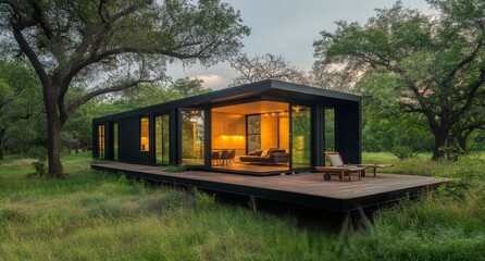 Fototapeta premium Modern black house with large windows nestled in a lush green landscape during twilight