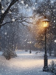 Snowy Park Scene With Illuminated Street Lamps At Dusk