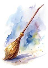 Watercolor broom illustration, soft pastel colors, artistic design, home cleaning tool, whimsical style, decorative art.