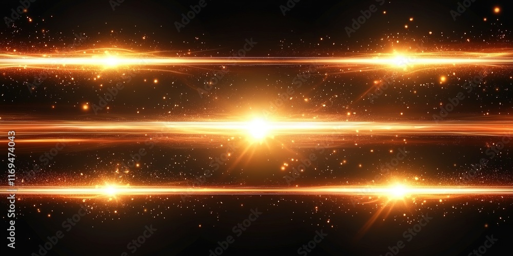 Poster glowing golden beams of light create a dazzling cosmic effect in a dark space filled with sparkling 