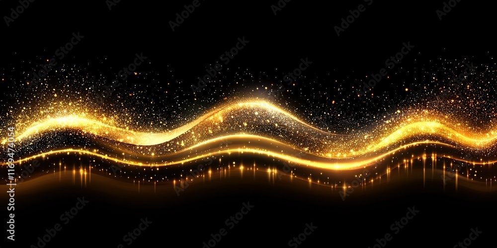 Poster golden wave of light creates a mesmerizing pattern with sparkling particles in a dark background