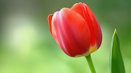 Naklejka premium A Single Pink Tulip in a Vibrant Green Garden