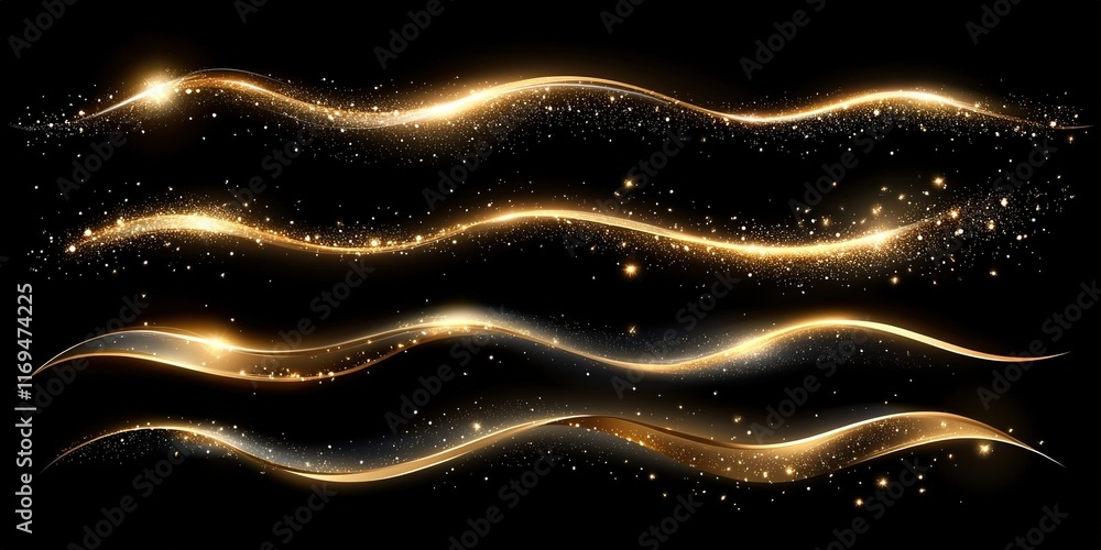 Poster golden wavy patterns with sparkling effects against a dark background
