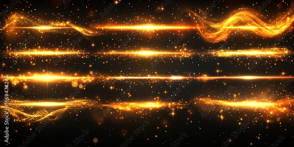 Poster digital golden light trails blend and flow across a dark background, creating an energetic visual ex
