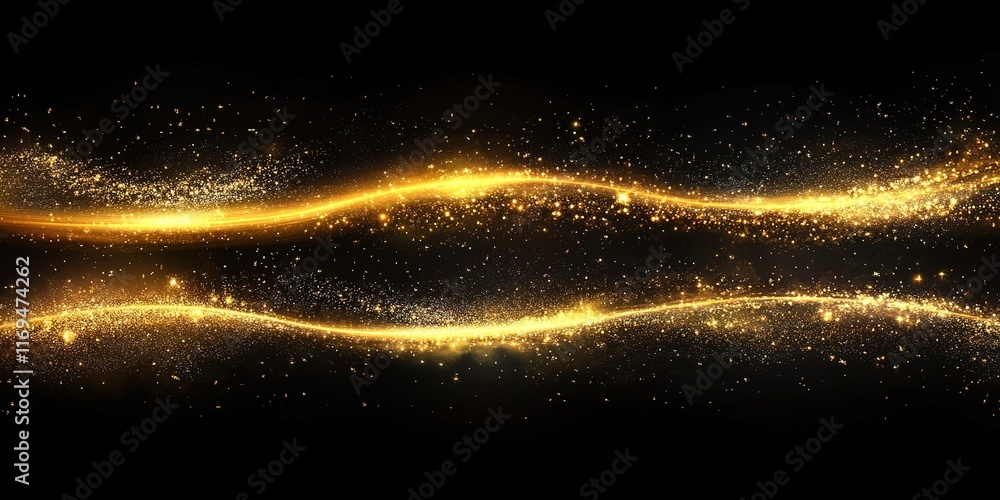 Poster golden sparkles and shimmering lights create an enchanting visual experience against a dark backgrou