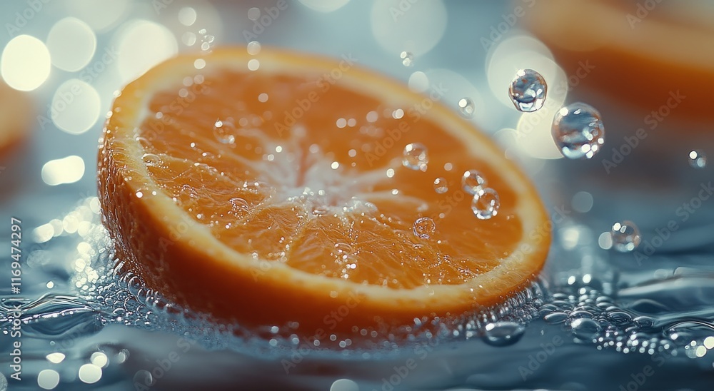 Poster sliced orange splashes in water creating bubbles and ripples reflecting sunlight in a bright atmosph