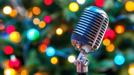 Retro Microphone with Festive Lights Background