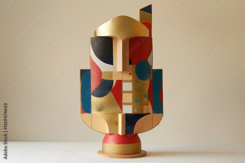 Poster colorful abstract sculpture displays geometric shapes and playful design elements in a modern art st