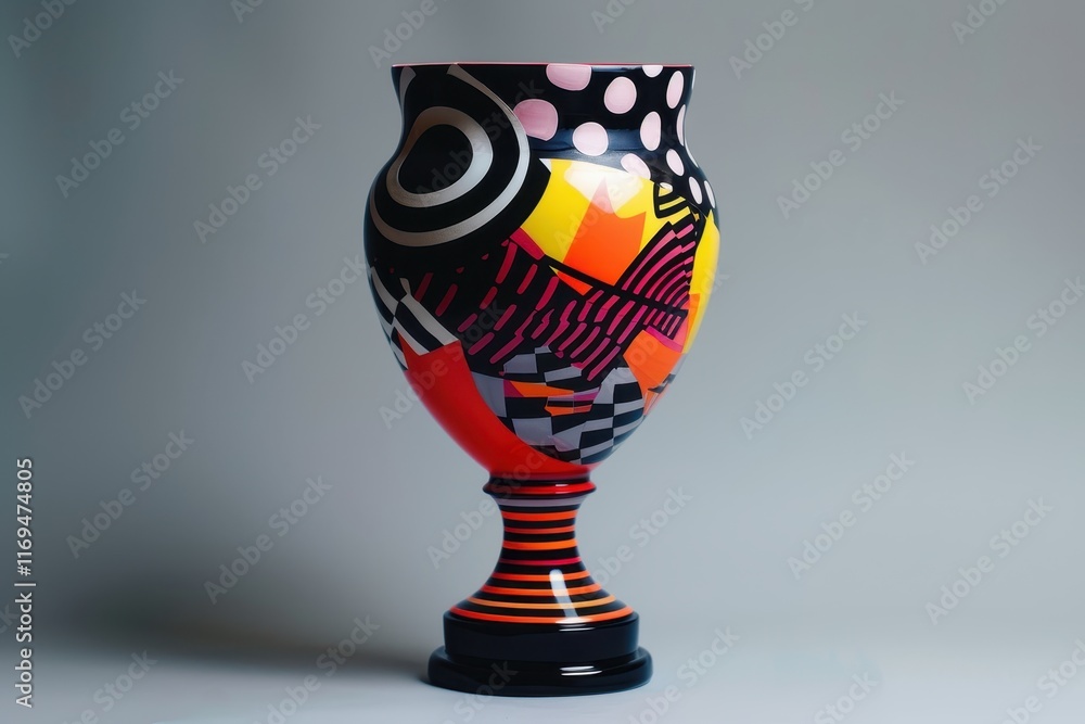 Aufkleber colorful ceramic vase with geometric patterns displayed on a pedestal under soft lighting in a conte