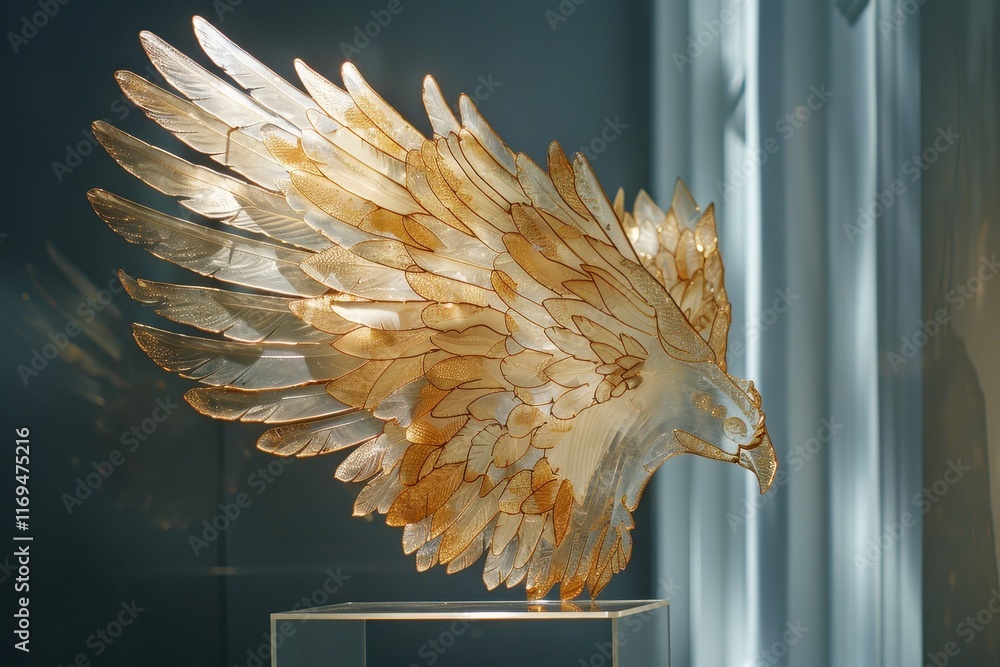 Aufkleber Elegant metallic sculpture of stylized wings showcasing intricate details and vibrant colors displayed in a modern art gallery setting