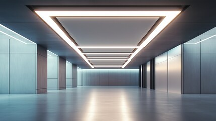 Fototapeta premium A contemporary ceiling with floating panels and embedded LEDs, creating a sense of depth and modernity in a sleek, minimalist space.
