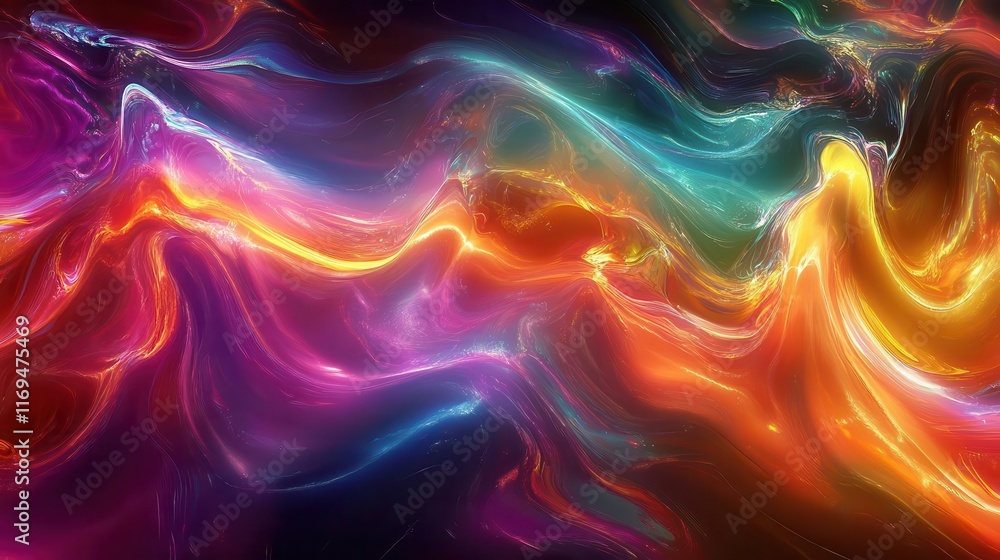Poster abstract holographic wave patterns ripple through a digital background, neon art with vibrant colors