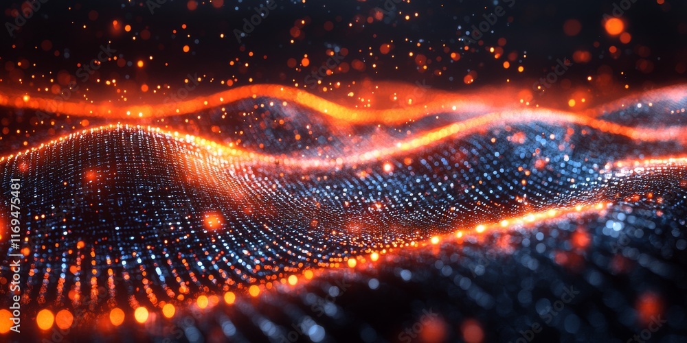 Poster abstract glowing particle wave. dynamic energy and light. perfect for tech, futuristic, or data visu