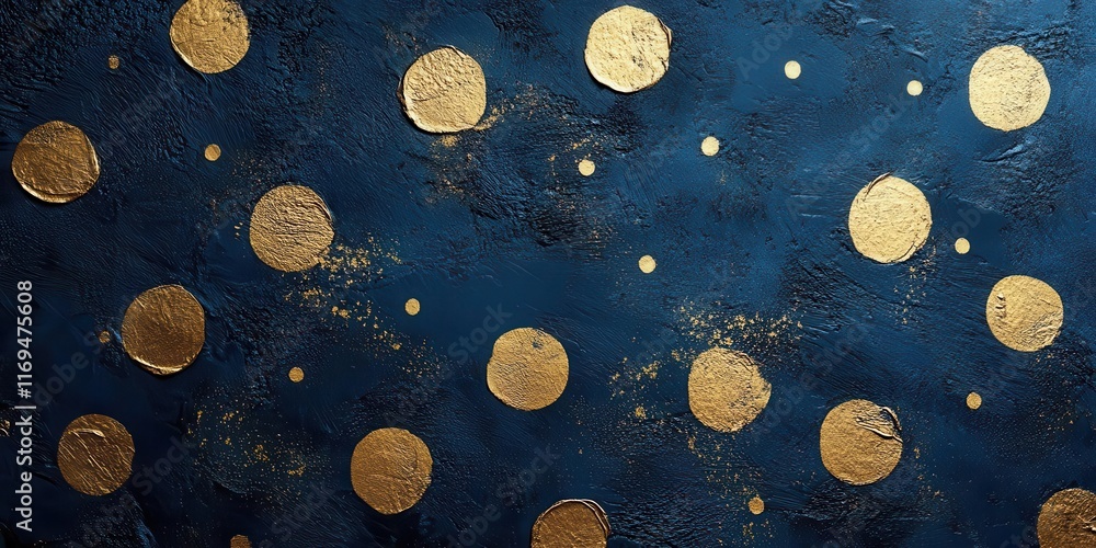 Poster golden polka dots on a navy blue textured background, creating a stunning abstract design with intri