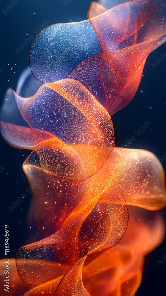 Poster abstract art: flowing fabric with warm and cool tones, shimmering with golden particles against a da