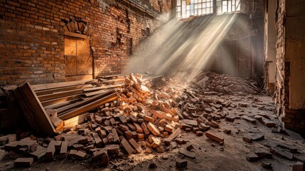 Fototapeta premium Sunbeams Illuminate Ruins: A Glimpse into Decay and Time's Passage