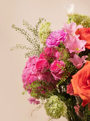Close-Up of Bright Floral Bouquet with Pink Roses and Hydrangea