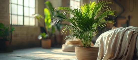 Obraz premium Soft fabrics and potted plants in an industrial loft space