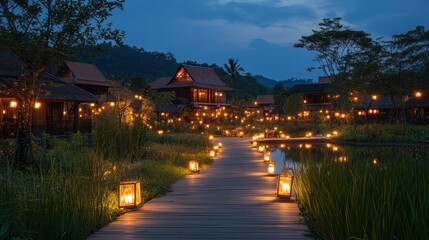 Fototapeta premium Enchanting lakeside retreat at dusk with a wooden walkway illuminated by glowing lanterns reflecting on the still waters of a tranquil lake surrounded by a cozy cabin or cottage in a serene