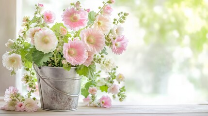 Fototapeta premium A delicate bouquet of pastel hollyhocks in a shabby-chic metal bucket, positioned on a light wooden table with natural light creating a soft, airy atmosphere.