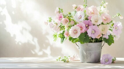 Fototapeta premium A delicate bouquet of pastel hollyhocks in a shabby-chic metal bucket, positioned on a light wooden table with natural light creating a soft, airy atmosphere.