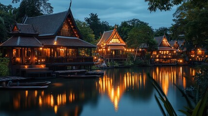 Obraz premium Enchanting riverside village at twilight with glowing traditional houses lanterns and boats reflected in the calm waters of the lake or pond Cozy and serene rural landscape with a peaceful