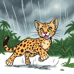 Playful leopard kitten running in the rain with jungle background