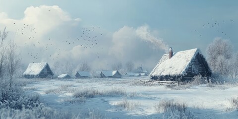 Winter Village Scene Snow Covered Houses And Birds