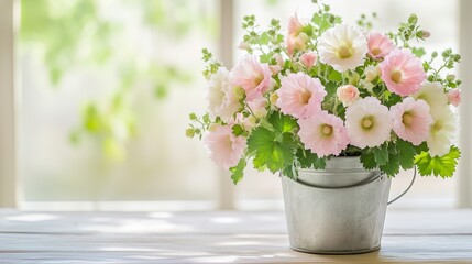 Fototapeta premium A delicate bouquet of pastel hollyhocks in a shabby-chic metal bucket, positioned on a light wooden table with natural light creating a soft, airy atmosphere.