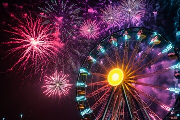 Colorful fireworks burst in the night sky above a brightly lit ferris wheel, creating a festive atmosphere. The scene captures the joy of a night fair or celebration event