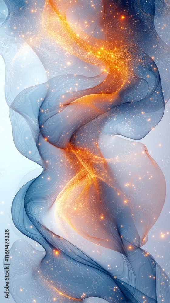 Poster abstract swirling design with gold and blue hues. sparkling particles create a luminous effect, perf
