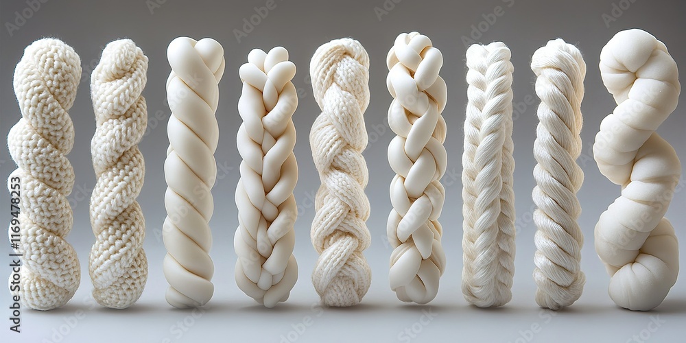 Poster different styles of white rope showcasing texture and design variations on a neutral background