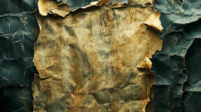 Weathered paper on a textured surface reveals signs of age and decay in a dimly lit environment