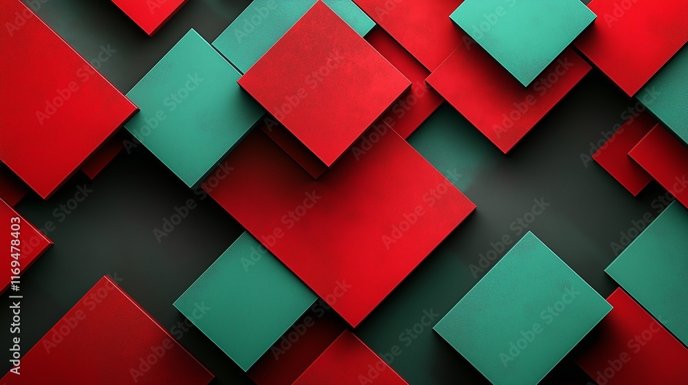 Poster a dynamic arrangement of vibrant red and teal geometric shapes with contrasting textures of matte an